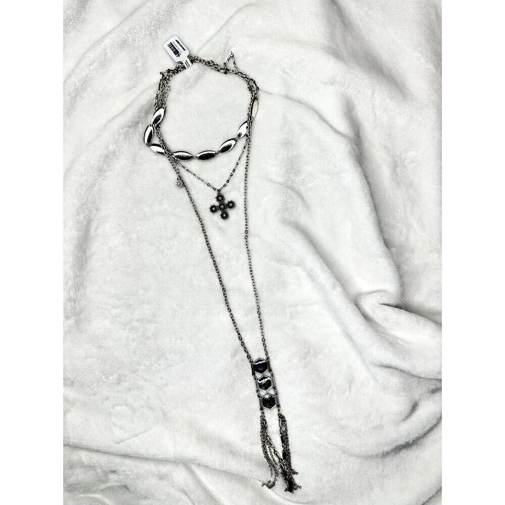 NEW Free People Multi Strand Necklace Silver Boho Layered Cross Abalone Detail